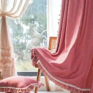 American style Pastoral pink checkered cotton linen printed curtains P-023
